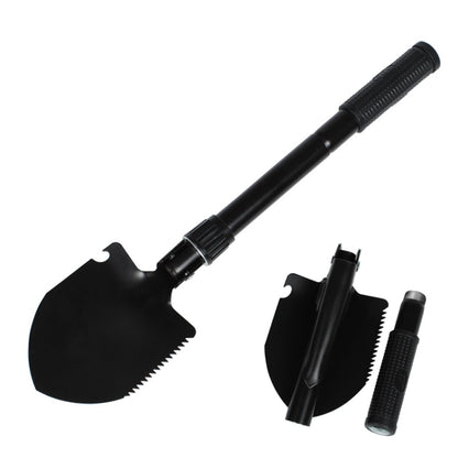 Folding camping shovel with serrated spade blade and two included tool attachments