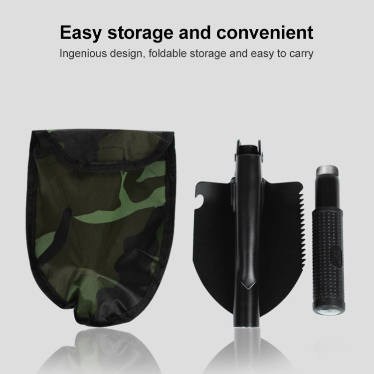 Folding shovel set with green camouflage storage bag and two blade attachments