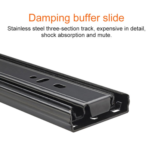 Black three-section drawer slide track end bracket with mounting holes and slot