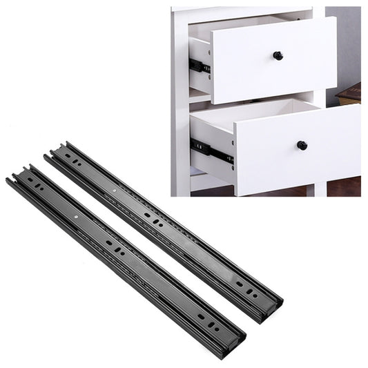 Set of dark steel drawer slide rails with mounting holes, three-section track