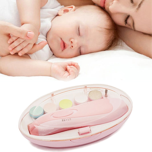 Pink baby electric nail trimmer kit with grinding heads in clear oval case