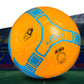 Orange PU soccer ball with blue strips, stitched panels, and printed markings.