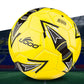 Fluorescent yellow PU soccer ball with black and white star-like graphics and seams.