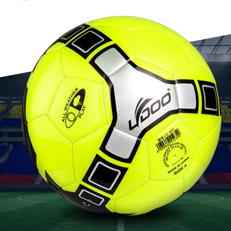 Neon green PU soccer ball with black and white panel shapes and stitched seams.