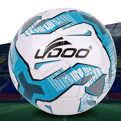 Blue and white PU soccer ball with geometric panels and stitched seams.