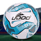 Blue and white PU soccer ball, close-up view of the front panel and logo area.