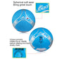 Bright blue PU soccer ball with stitched seams and contrasting graphic panels.