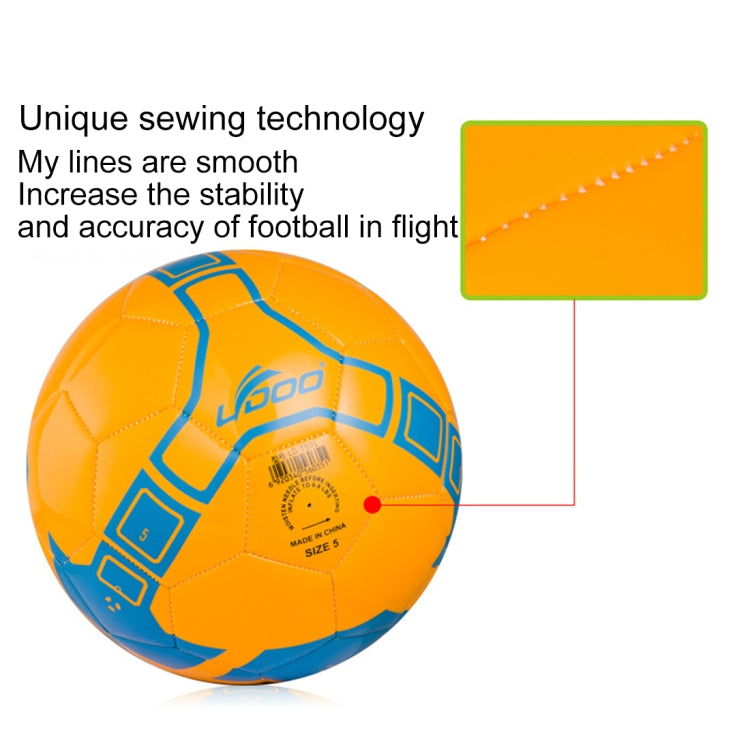 Orange and blue PU soccer ball with stitched seams and bold geometric graphics.