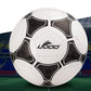 White PU soccer ball with black geometric panel accents and stitched seams.