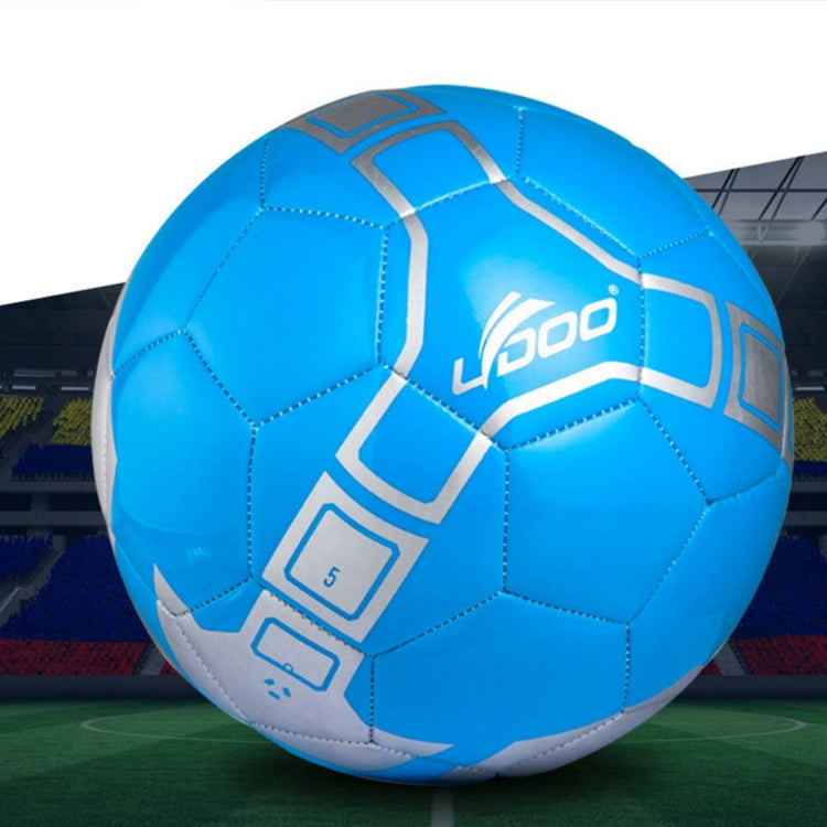 Fluorescent blue PU soccer ball with white panel shapes and stitched seams.