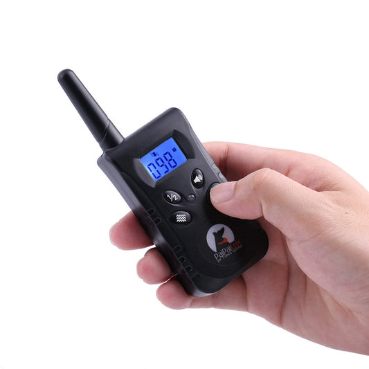 Black anti-barking remote control with blue LCD screen and button panel