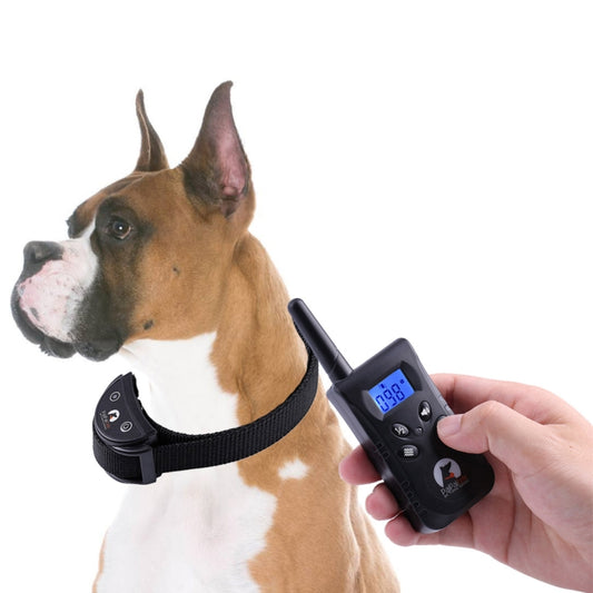 Black anti-bark dog training collar with handheld remote transmitter in hand