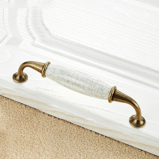 Ceramic crackle cabinet pull handle with antique brass double-loop ends and white center bar
