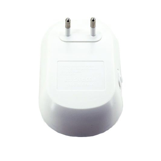 White ultrasonic pest repeller plug with two metal prongs and round base