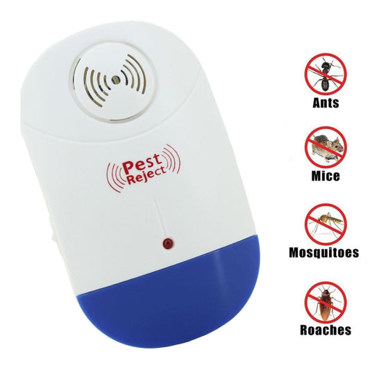 Ultrasonic pest repeller plug-in device, white and blue with speaker grille and status LED