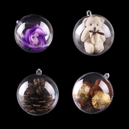 Transparent hanging sphere set with assorted fillings: flowers, pinecones, and teddy.