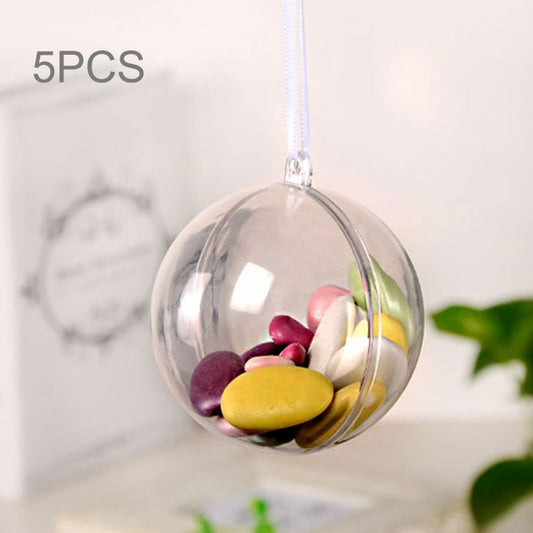 Transparent plastic hanging ball ornament with colorful flower pieces inside.