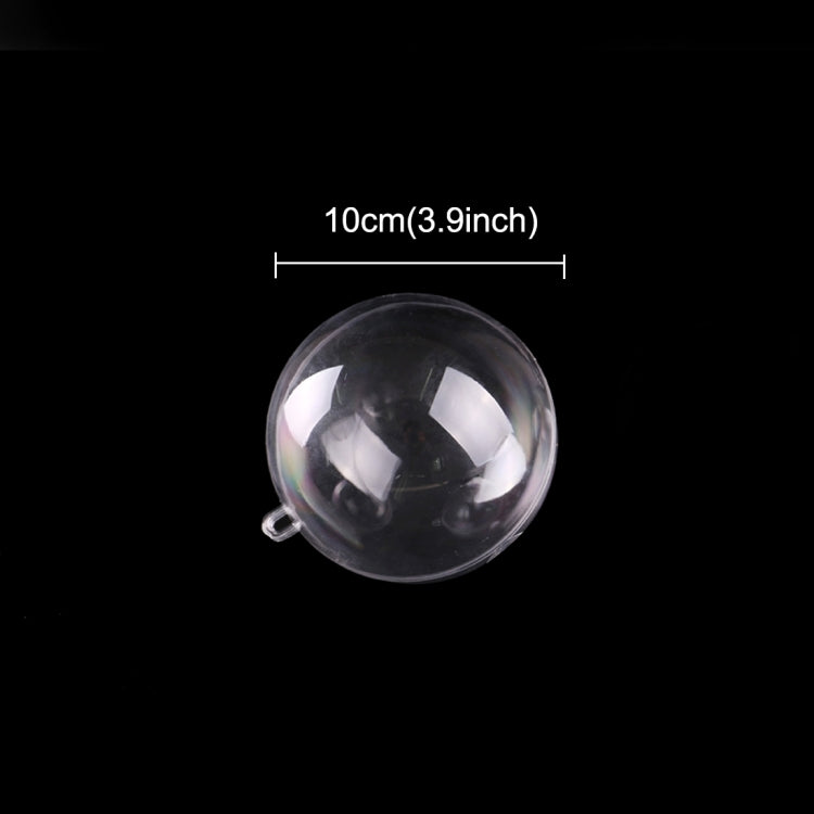 10cm clear hollow plastic ball ornament with metal loop, view from side