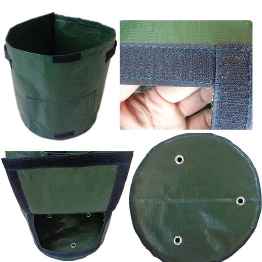 Green woven grow bag with close-up weave texture and drainage eyelets