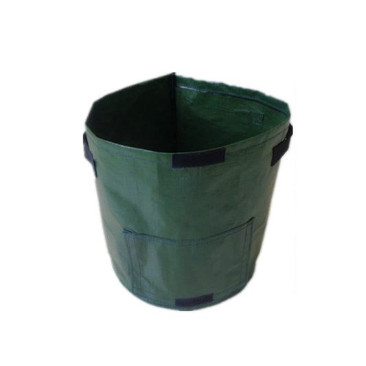 Green 7-gallon woven grow bag with fabric handles and foldable top