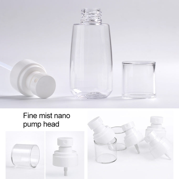 Transparent refillable spray bottle with white fine-mist pump head and cap