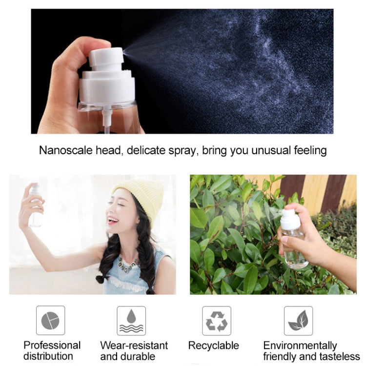 Hand holding a transparent spray bottle with white fine-mist pump head