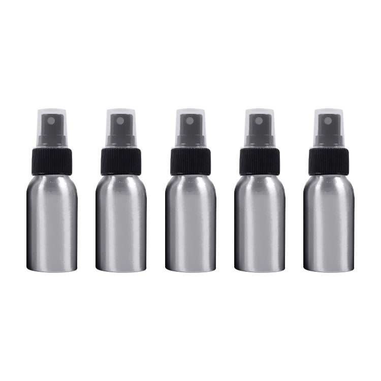 Set of five 50ml aluminum fine-mist spray atomizer bottles with black caps