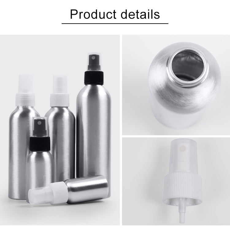 Aluminum atomizer bottle with spray nozzle, front and close-up detail views