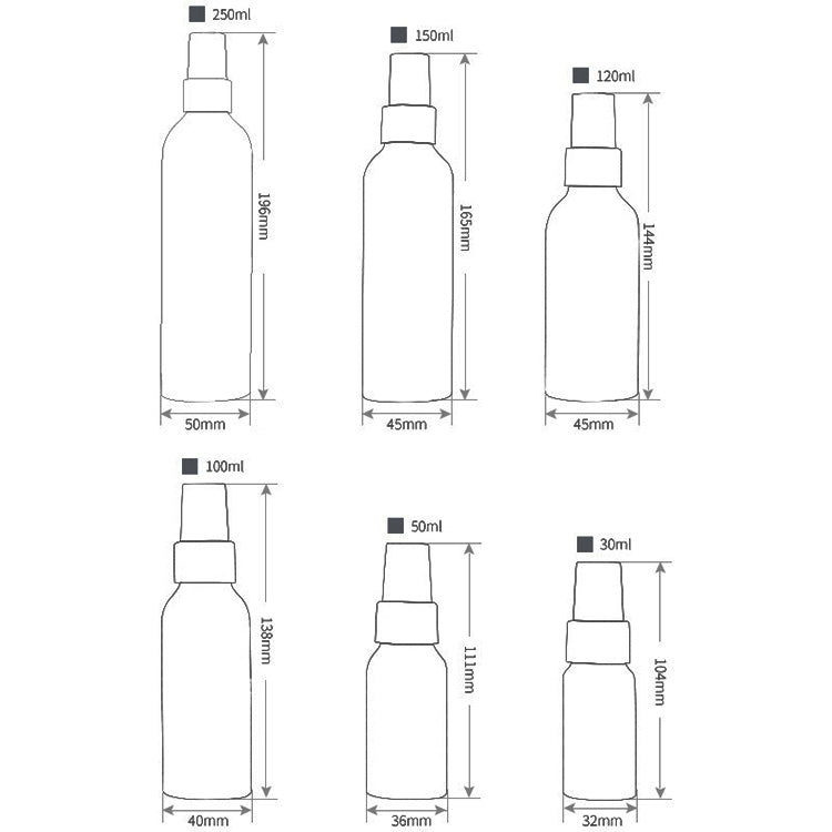 Atomizer bottle size chart with 50ml dimensions shown