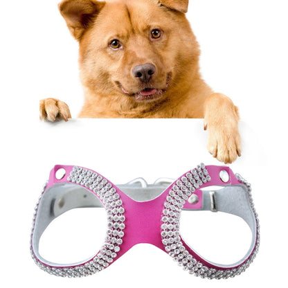 Magenta rhinestone dog chest strap, goggles-style with silver-toned stones and gray straps