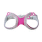 Magenta rhinestone goggles-style dog chest strap with gray webbing and clear crystal stones