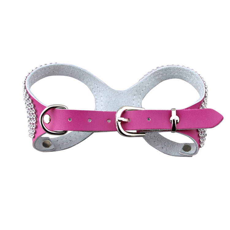 Magenta and gray rhinestone dog chest strap with silver buckle and ring adjustment hardware