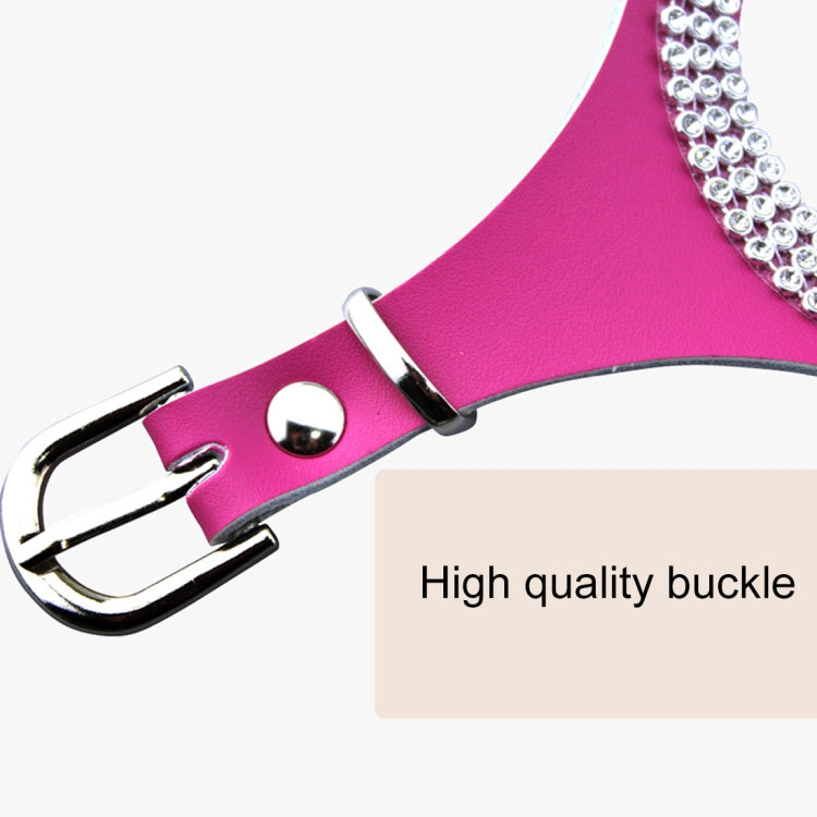 Magenta leather-like dog chest strap with silver buckle and rhinestone-trimmed edge