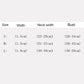 Size chart for S, M, and L dog chest strap: width, neck width, and bust ranges