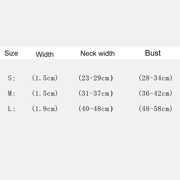 Size chart for S, M, and L dog chest strap: width, neck width, and bust ranges
