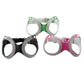 Assorted rhinestone dog chest straps in black, magenta, and green goggles-style design