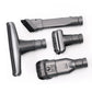 Set of grey vacuum brush attachments with black bristles, shown from multiple angles
