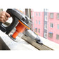 Handheld vacuum with grey brush nozzle and black bristles, orange canister visible