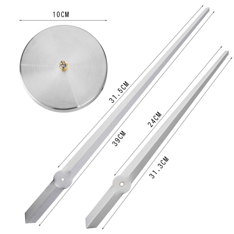 Silver stainless steel clock face with two long hands and blade-style center mount