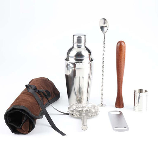 Stainless steel wine cocktail shaker set with tools and brown cloth storage bag