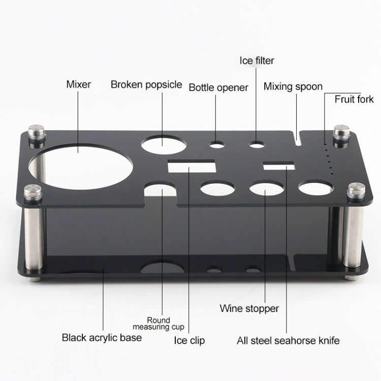 Black acrylic cocktail tool base with steel seahorse knife, ice clip, and wine stopper