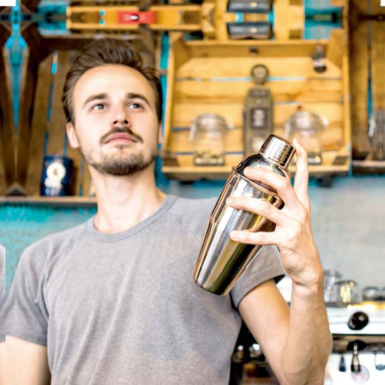 Person holding a stainless cocktail shaker bottle from an 18-in-1 tool set