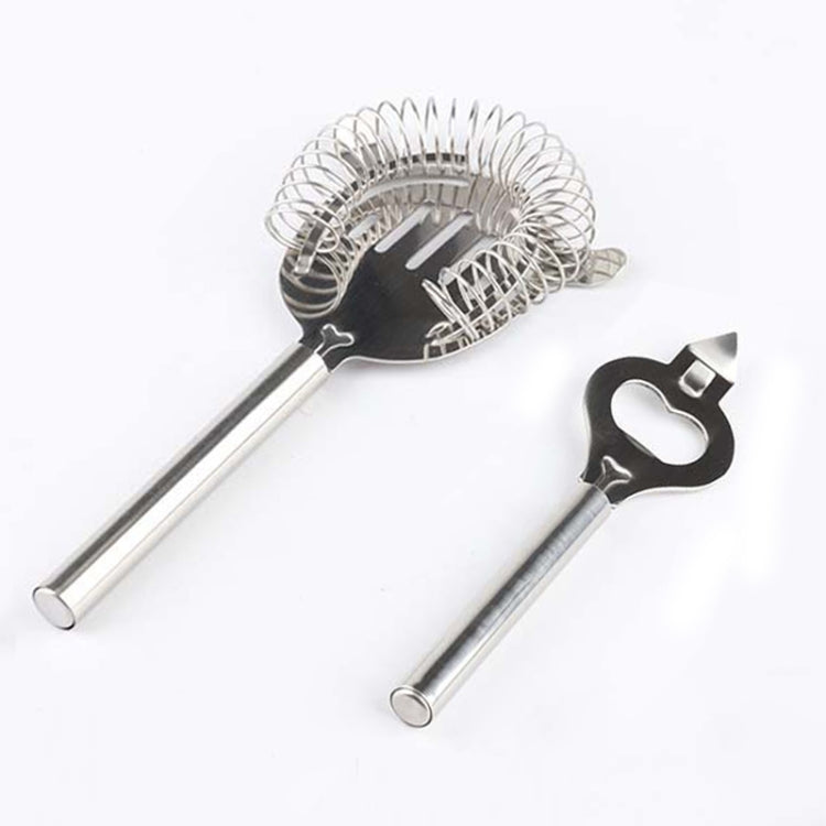 Stainless strainer with black handle plate and stainless bar tools, compact set
