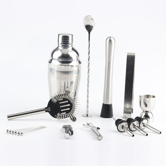 Cocktail shaker tools set with stainless bottleshaker, strainer, jigger, spoon, and forks
