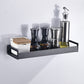 Black wall-mounted seasoning rack shelf with multiple spice containers and pump dispenser