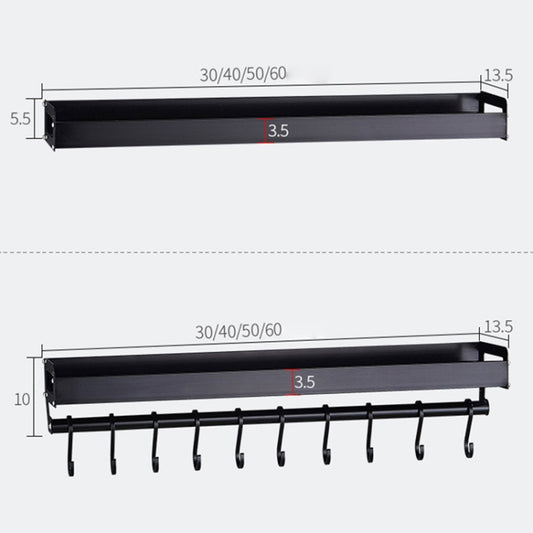 Black wall-mounted seasoning rack dimension view with shelf and multiple hanging hooks