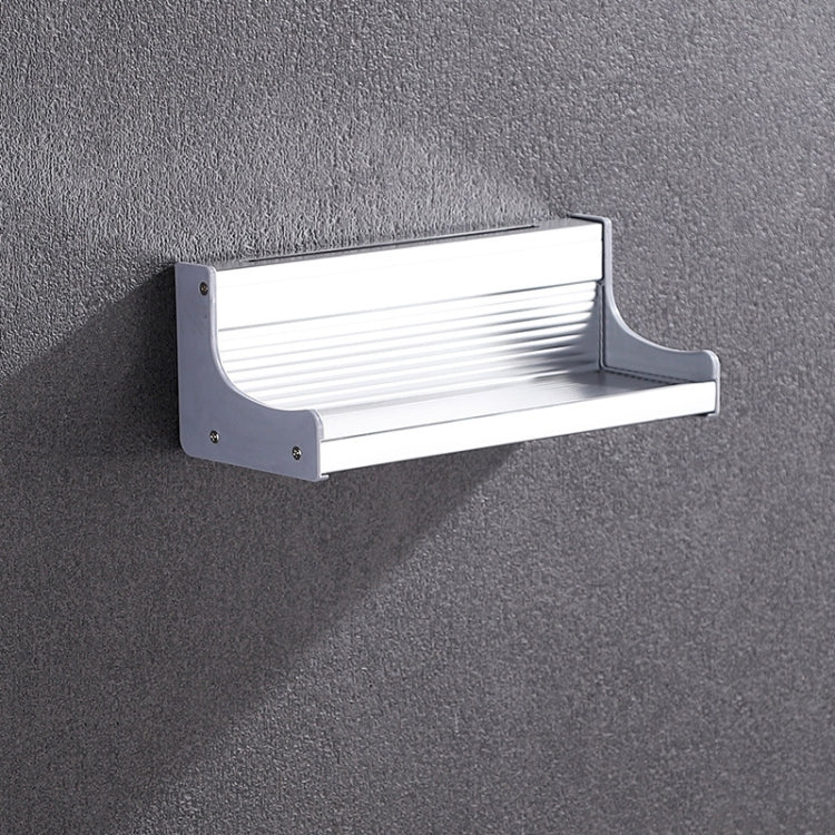 Wall-mounted aluminum condiment rack with front guard and slotted holder, white finish