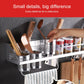 Aluminum wall condiment rack with stainless cups and upright utensil slots
