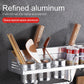 Aluminum condiment rack with stainless cup holders and vertical utensil slots