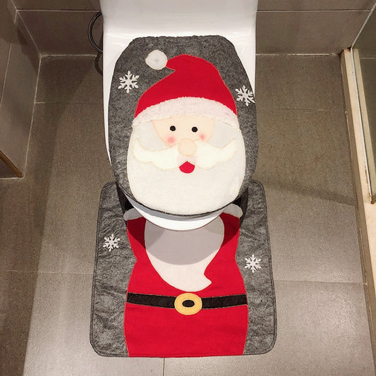 Snowman 2-in-1 toilet cover set, gray felt mat with red hat and beard